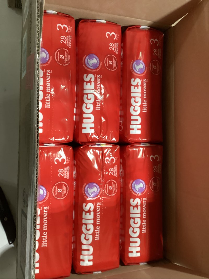 Condition photo showing New/Like New for Huggies Size 3 Diapers, Little Movers Baby Diapers, Size 3 (16-28 lbs), 168 Count (6 Packs of 28), Packaging May Vary