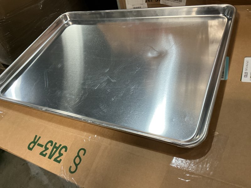 Condition photo showing As Is for chef approved 26" wide aluminum sheet pan | full size heavy weight baking bun for restaurant | closed bead, 26"w x 18"d x 1.13"h, 16-gauge (commercial oven use only, does not fit residential oven)