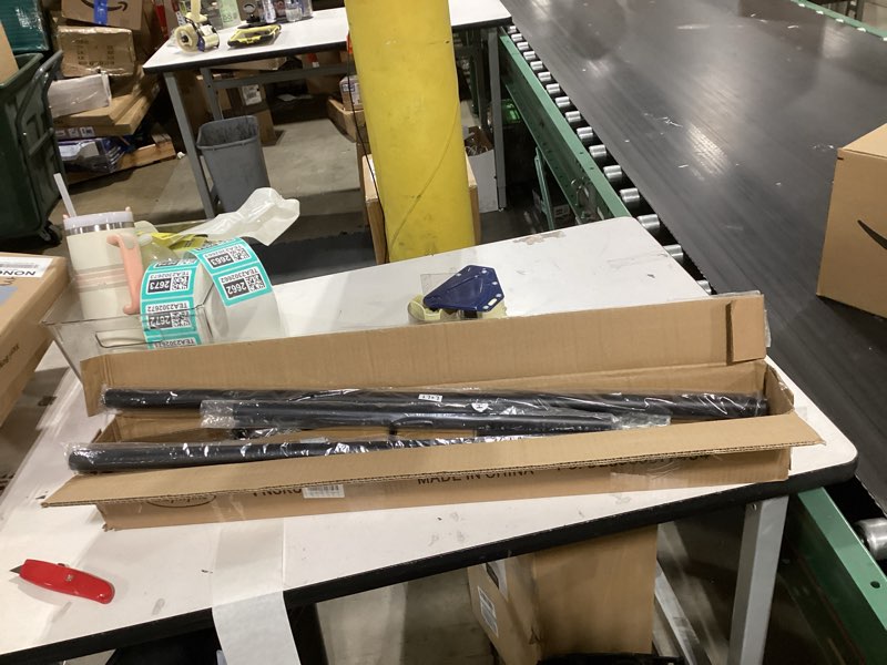 Condition photo showing New/Like New for Black Bay Window Curtain Rods with Aluminum End Cap Finials and Brackets,Adjustable 32-86 Inch Center Rod for windows (20-82’’), 32-58 Inch Side Rods for windows (20-54’’),1 Inch Diameter 32-58"&32-86"&32-58"(3 Sided) Black