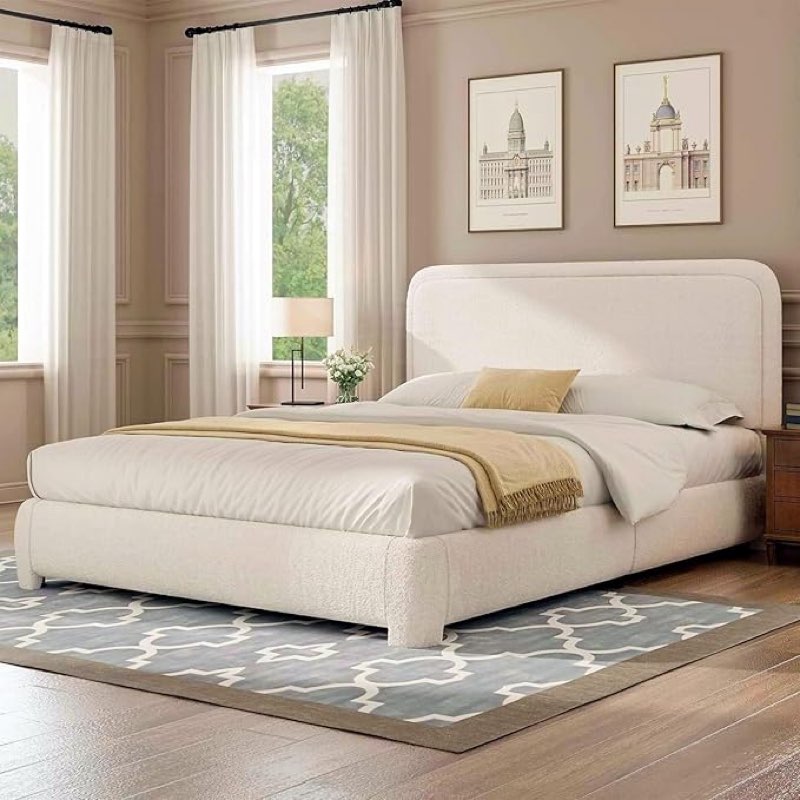 Queen Size Bed Frame with Headboard, Boucle Upholstered Platform Bed Frame, Soft Rounded Corners, No Box Spring Required, Easy Assembly, Beige