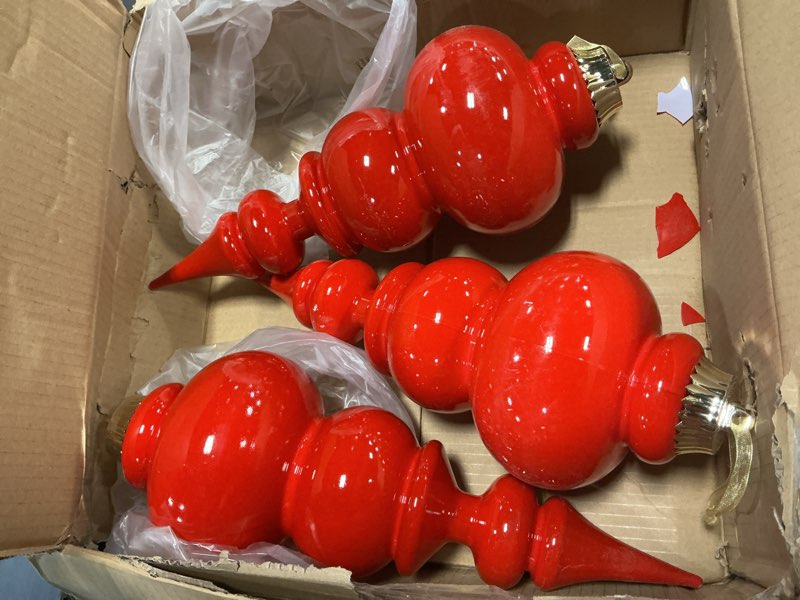 Condition photo showing As Is for Lanpn 3 Pcs 15\" Outdoor LED Ornament, Large Christmas Battery Powered Finial Lights, Xmas Tree Finial Bulb Decor with Dark Sensor, Christmas Lighted Ornaments for Lawn Garden Yard Patio, Red Red 15\" / 4 pcs