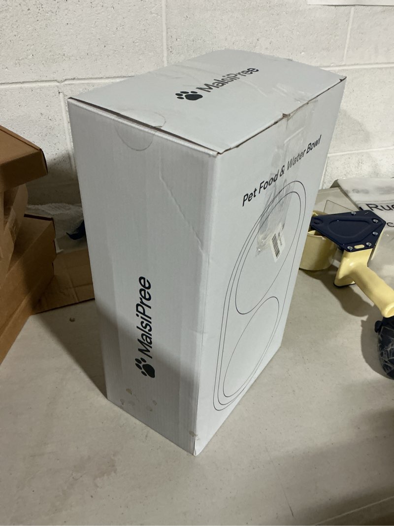 Condition photo showing New/Like New for malsipree dog bowls elevated & pet bowls - small, sand beige - 45° tilt stand with splash guard - dog feeding station with ceramic dishes for food & water