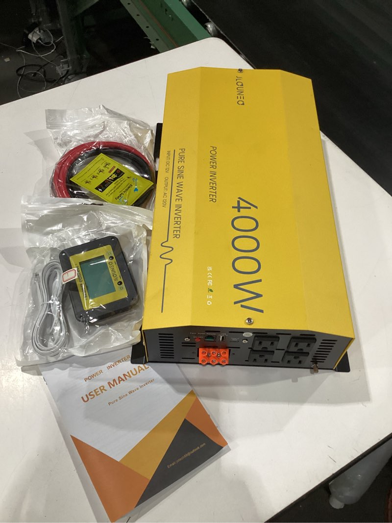 Condition photo showing New/Like New for 4000w pure sine wave inverter 12v dc to 120v ac converter for home, rv, truck, off-grid solar power inverter built-in 3.1a usb, type-c port, ac hardwire output port, remote control with lcd screen