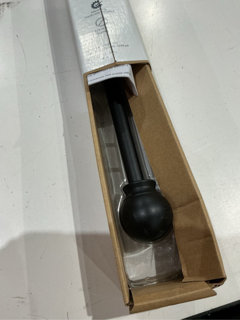 Condition photo showing As Is for style selections 28-in to 48-in matte black steel single curtain rod with finials