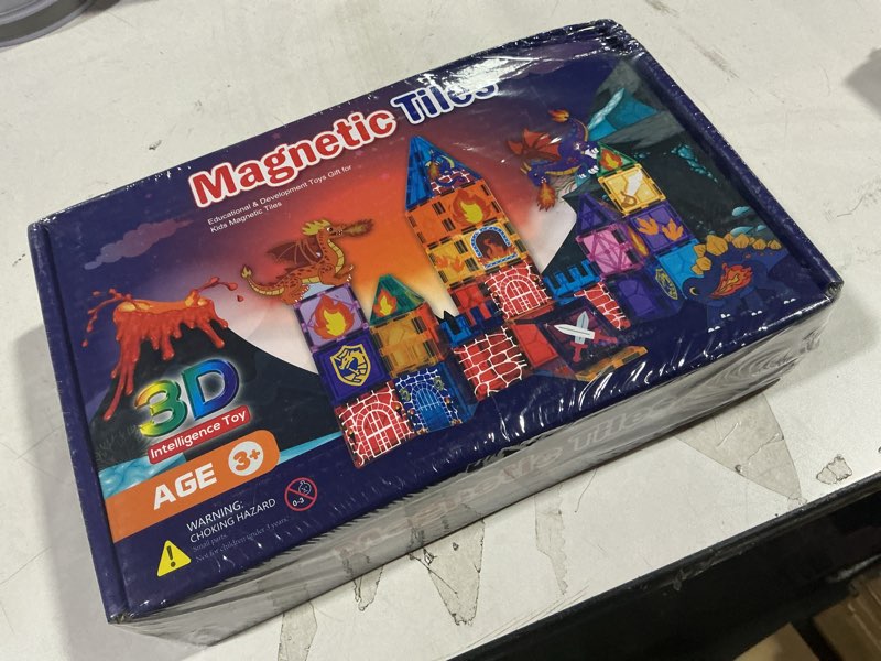 Condition photo showing New/Like New for Dinosaur Magnetic Tiles, STEM Building Toys for Kids Ages 3-8, 3D Movable Dragon Castle Set with Portable Storage Box, Educational Construction Kit for Boys Girls Birthday