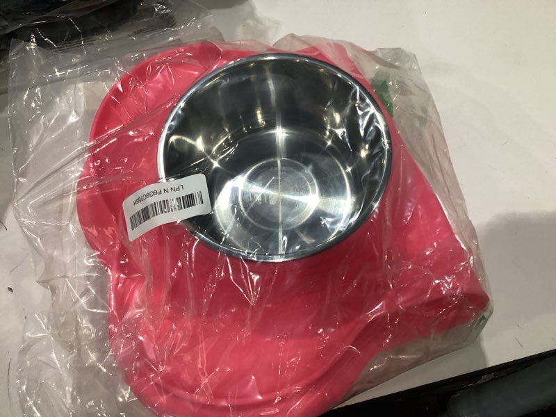 Condition photo showing New/Like New for asfrost dog food bowls stainless steel pet food bowls & dog water bowls, dog bowls silicone mat no spill non-skid feeding bowls for small size dog puppy cat food dish, pink, 3 cup/24oz, set of 2 bowls 3 cup/27 oz each pink