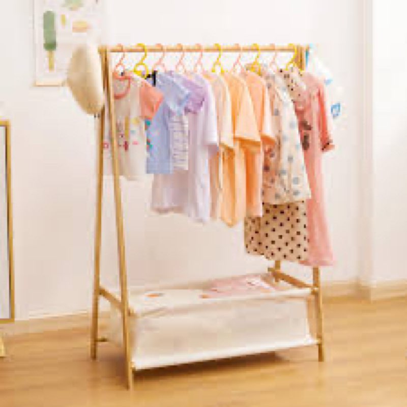 Aetherika Kids Clothing Rack with 2 Fabric Shelves, Foldable Child Garment Stand with Hanging Rod, S