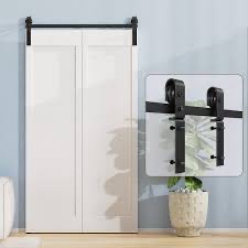 roomtec 3ft bi-folding sliding barn door hardware track kit, black roller kit for 2 doors, j shape(n