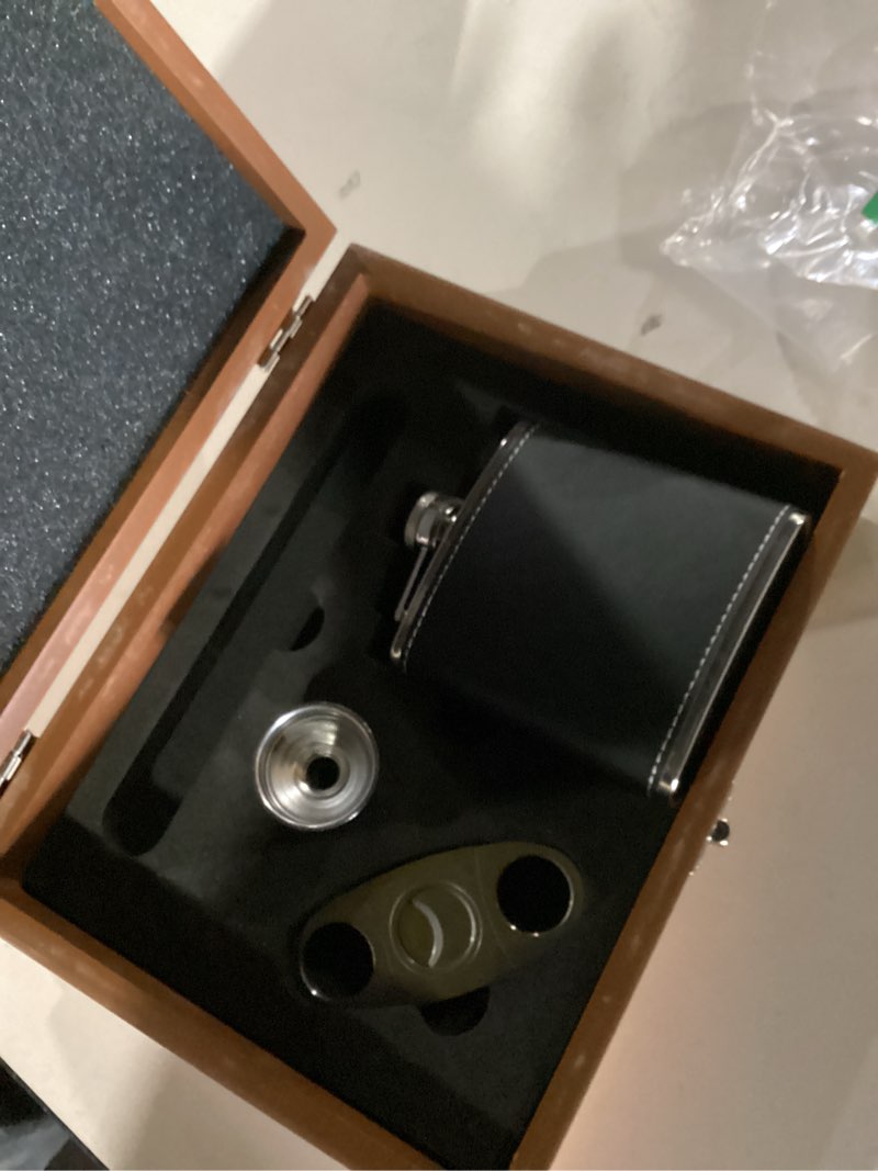 Condition photo showing As Is for Flask Gift Set for Men – Stainless Steel Hip Flask with Funnel, Cutter & Case in Elegant Wooden Box – Perfect for Whiskey Lovers, Groomsmen, Gifts & Special Occasions