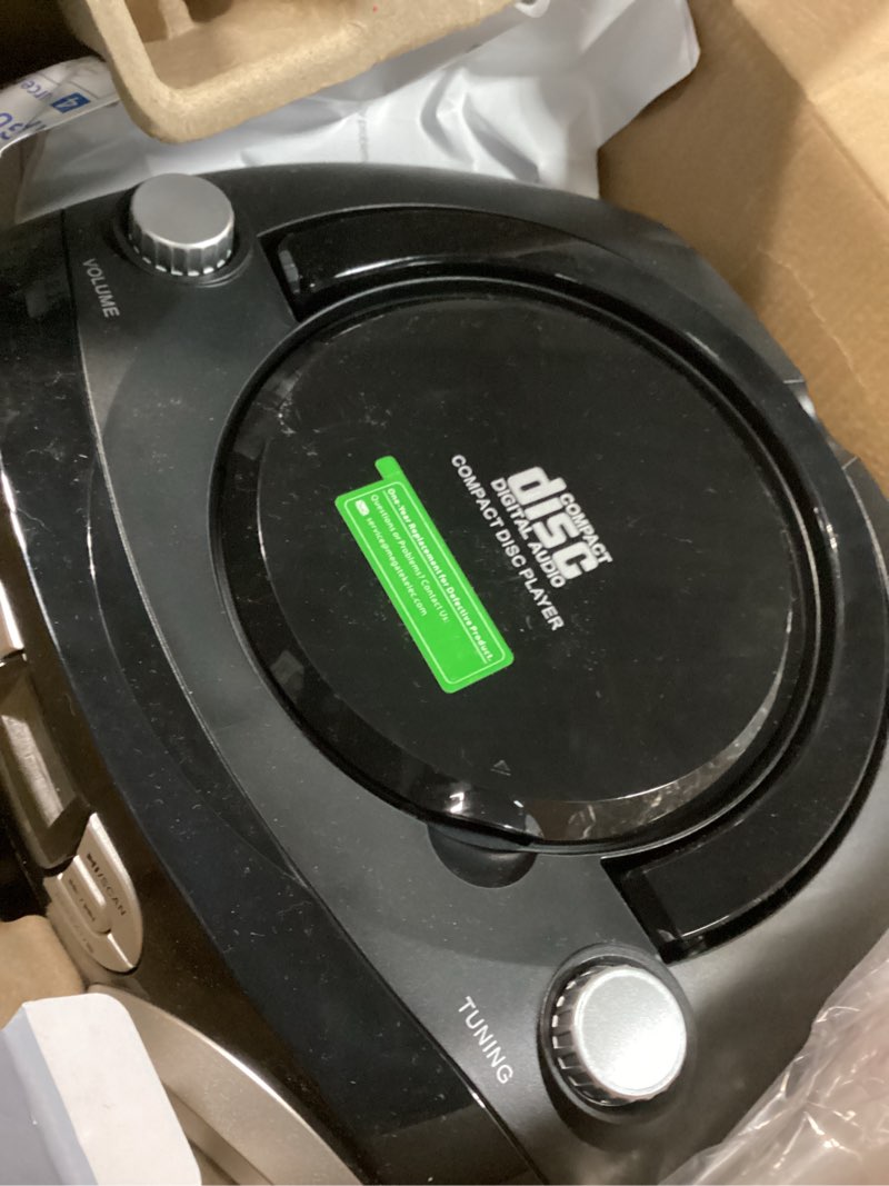 Condition photo showing Good Condition for megatek portable cd player boombox with fm radio, bluetooth, usb port, aux input, and headphone jack – cd-r/cd-rw/mp3-cd compatible, clear stereo sound, backlit lcd display – black