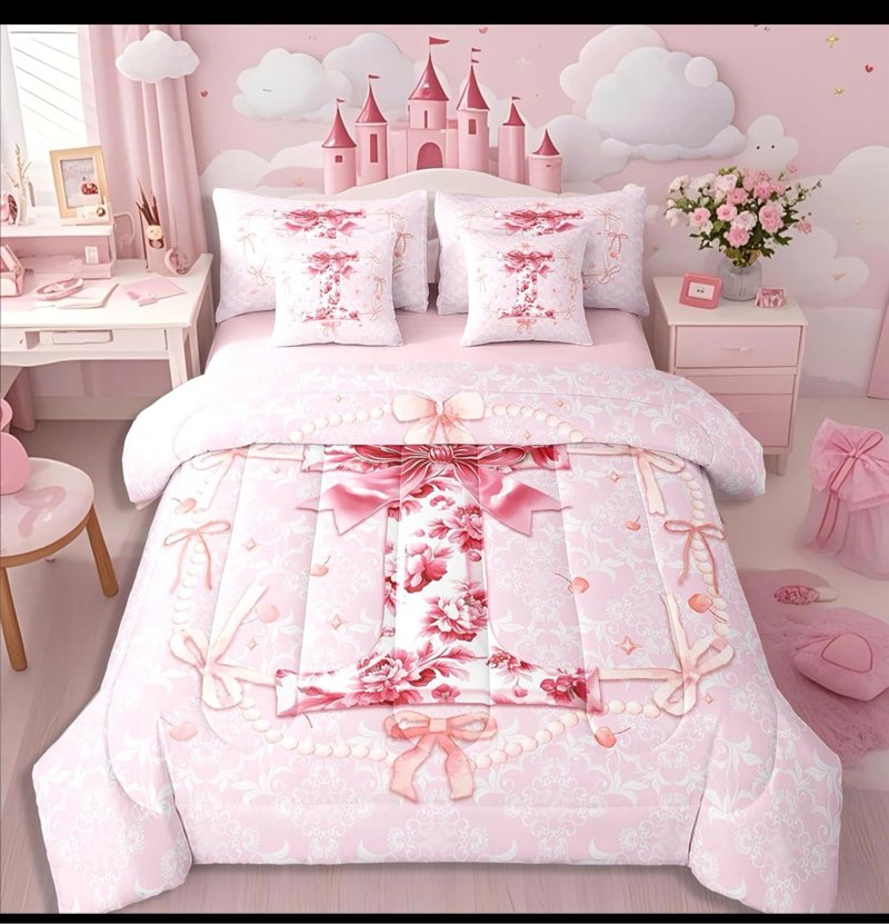 Erosebridal 7Pcs Initial I Kids Queen Comforter Set for Girls Coquette Bow Quilt Princess Aesthetic Bedding Sets Dreamy Cartoon Cute Bed in A Bag with Chic Rose Floral Design(I)