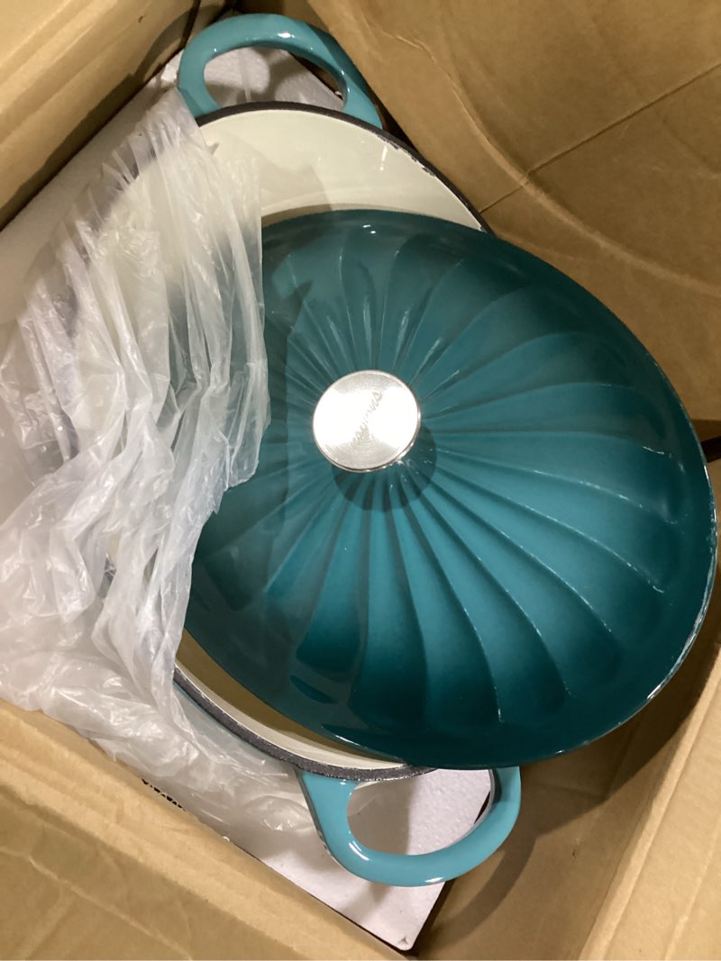 Condition photo showing Good Condition for enameled oval dutch oven pot with lid, 7 qt cast iron dutch oven with dual handles for cooking, bread baking, frying, non-stick enamel coated oven (blue-green) 7 qt blue-green