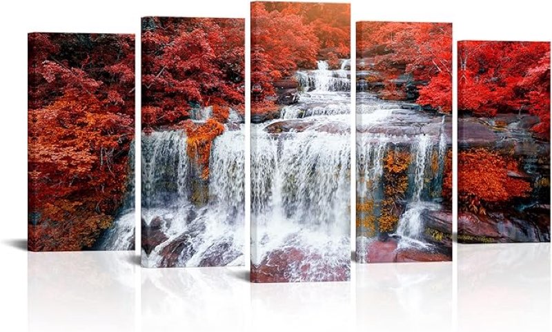 Visual Art Decor Large Canvas Wall Art Red Trees Forest Waterfall Landscape Picture Prints Moderr Home Living Room Office Wall Decoration Ready Hang Amazon's Choice