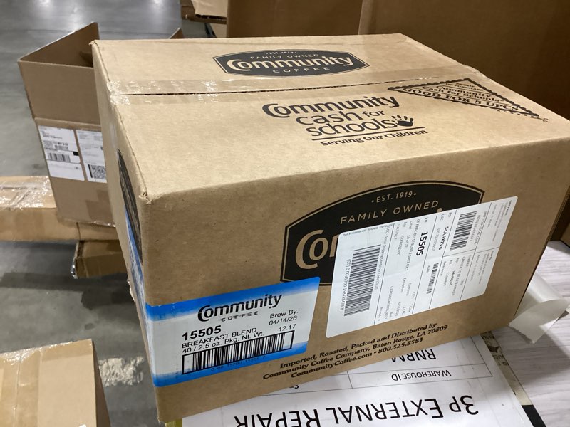 Condition photo showing New/Like New for brew by:04/14/26community coffee ground coffee packets, breakfast blend medium roast, pre-measured 2.5 ounce individual coffee packets, box of 40