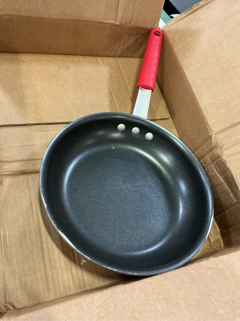 Condition photo showing As Is for tramontina professional 10-inch non stick frying pan, heavy-gauge aluminum skillet with reinforced nonstick coating, red handle, dishwasher and oven safe nonstick (red handle) 10 inch