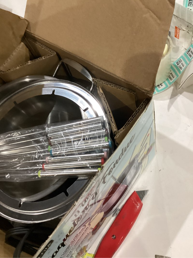 Condition photo showing As Is for Nostalgia 8-Cup Electric Fondue Pot Set for Cheese & Chocolate - 8 Color-Coded Forks, Temperature Control - Kitchen Gadgets and Appliances for Hors d'Oeuvres and More - Stainless Steel 8 Cup