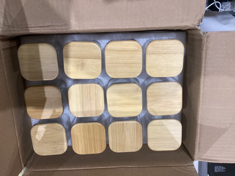 Condition photo showing Good Condition for 6oz Glass Spice Jars with Bamboo Lid and Label, 12 Pack Square Glass Container, Small Food Storage Containers for Kitchen, Clear Empty Seasoning Jar for Sugar, Salt, Coffee Bean, Herb, Borosilicate 12pack Glass Spice Jars