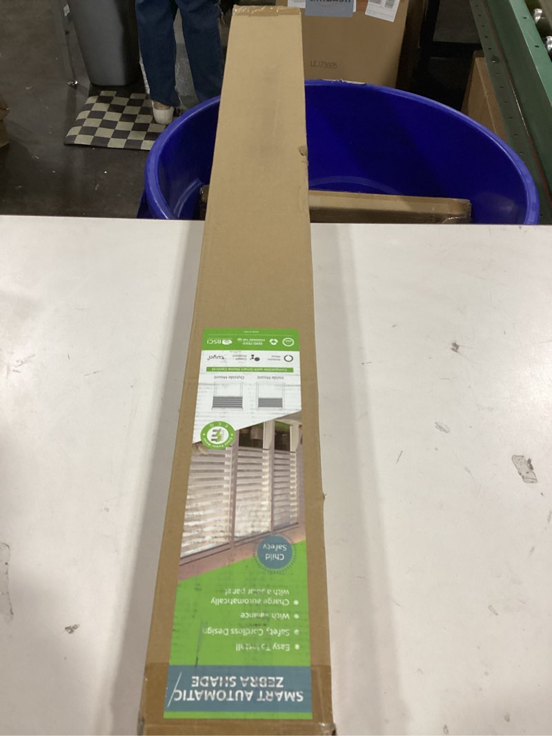 Condition photo showing Good Condition for DENFOON Motorized Zebra Blinds, Solar Powered Dual Layer Automatic Shades with Remote Control, Rechargeable Smart Blinds Horizontal Wireless Electric Shades for Windows, Custom Size, White? 34 x 72 White 34"W x 72"H