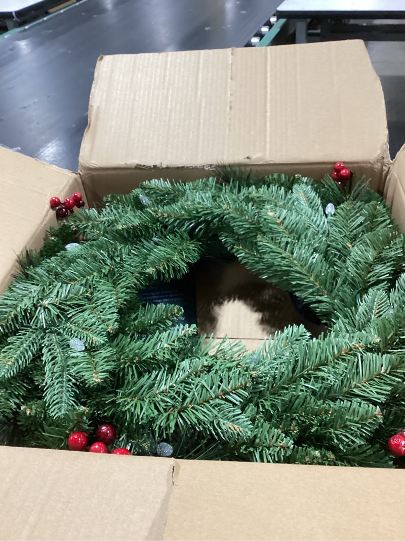 Condition photo showing Good Condition for 26 inches Pre-lit Artificial Christmas Wreath with Red Berries, Pine Cones, 40 C3 Dual-Color Multi-Functional Battery Operated LED Lights with Timer