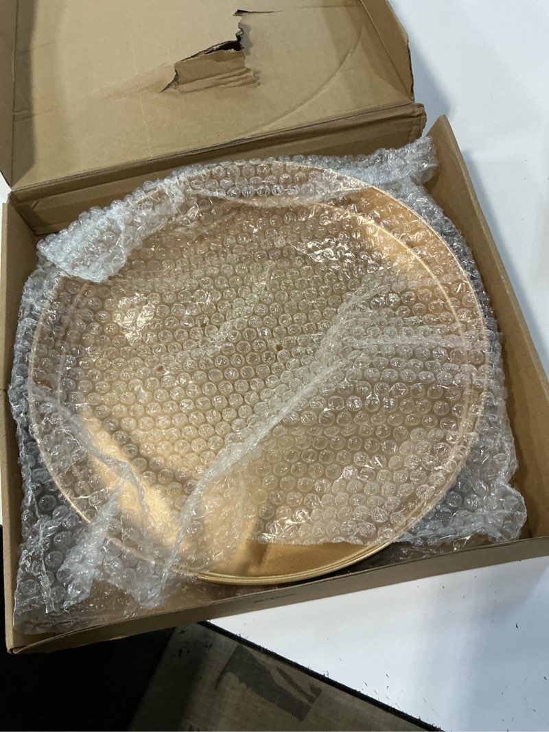 Condition photo showing Good Condition for round gold decorative serving tray with handles, 13” versatile ottoman tray for coffee table, entertaining, outdoor patio, living room gold 13"