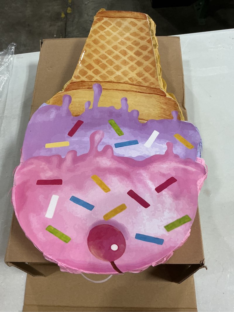 Condition photo showing Good Condition for capoda ice cream piñata 15.8" x 9.5" pink dessert cone shaped piñata with stick blindfold for ice cream birthday summer baby shower wedding party supplies decor