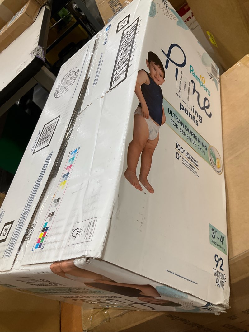 Condition photo showing New/Like New for pampers pure protection training underwear, unisex, size 3t4t, 92 count, premium, hypoallergenic, soft, absorbent 3t-4t 92