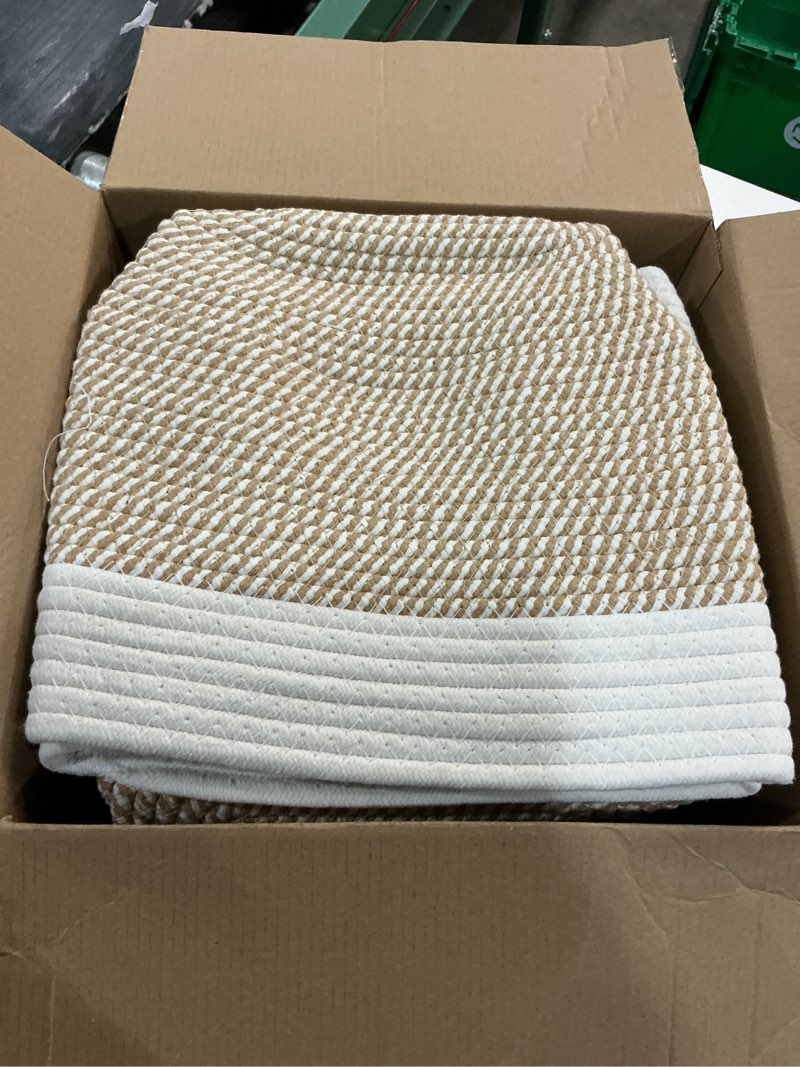 Condition photo showing Good Condition for 5 pack woven storage baskets for shelves, decorative basket organizer storage bins for toys, books, clothes, closet, nursery, bathroom – cotton rope shelf baskets for organizing, khaki & white