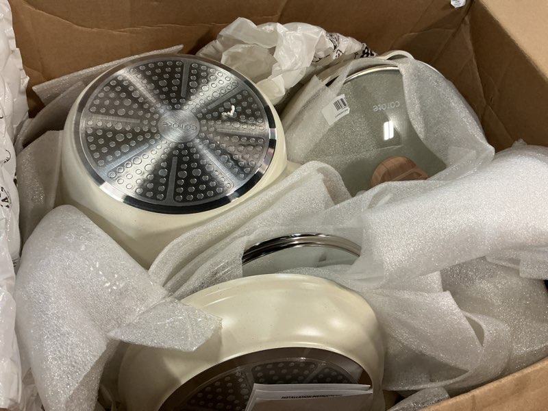 Condition photo showing Good Condition for carote pots and pans set nonstick, white granite induction kitchen cookware set, 10 pcs non stick cooking set w/frying pans & saucepans(pfos, pfoa free) cream white 10 piece