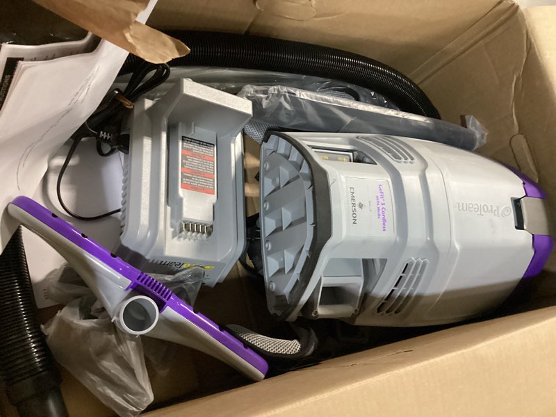 Condition photo showing As Is for proteam gofit 3 cordless 4ah, 3 qt. commercial backpack vacuum w/xover multi-surface telescoping wand tool kit, 107774