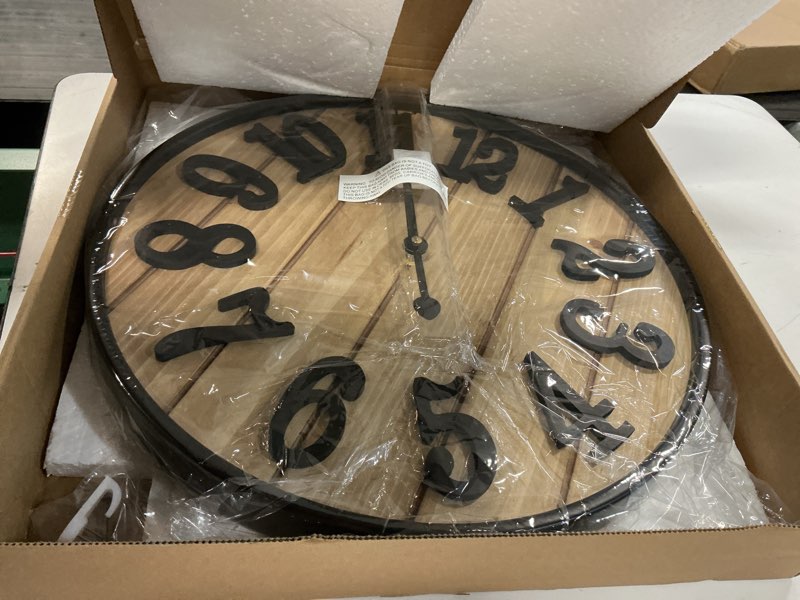 Condition photo showing Good Condition for large wall clock 16in, silent metal wood style wall clocks battery operated for living room decor, farmhouse big wall clock, outdoor wood-arabic 16in