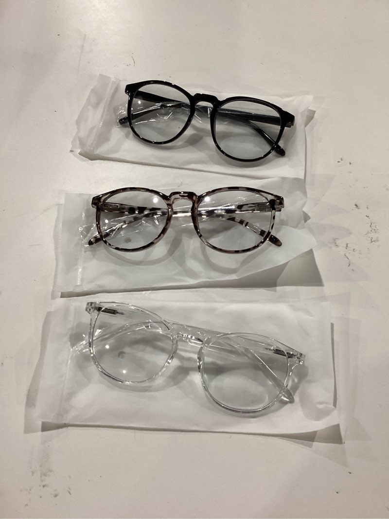 Condition photo showing New/Like New for IBOANN Chic & Comfy Blue Light Glasses for Women - 3-Pack Round Frames, Screen-Ready Style with UV Protection Coating *A1 Light Black & Leopard & Transparent Clear