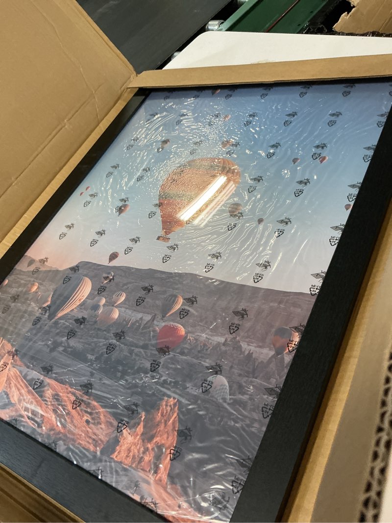 Condition photo showing As Is for 19.25x26.75 picture frame for wall display, 19.25x26.75 black picture frame with shatter resistant plexiglass, stable and sturdy puzzle frame for wall display, handpicked gift collection
