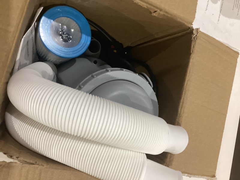 Condition photo showing As Is for filter pump for above ground pools, 330 gph flow rate filter for inflatbale pool, flow rate pool filter for inflatable swimming pool crystal clear filter pump with 2 filter cartridges