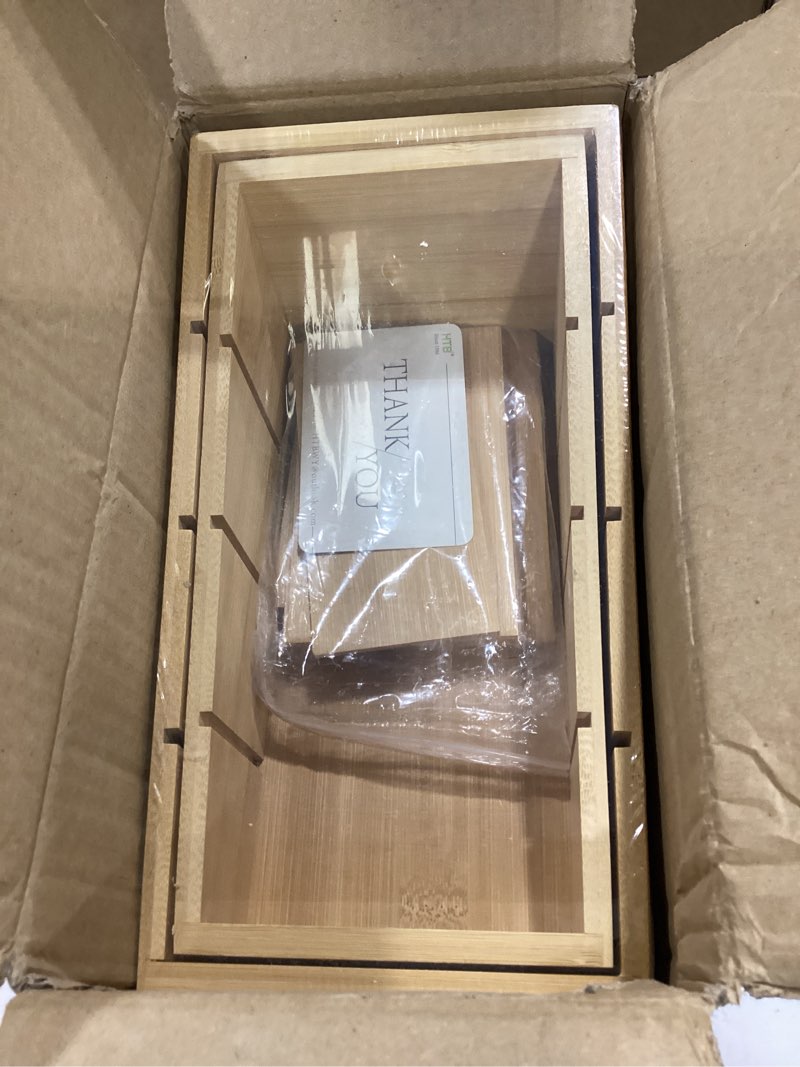Condition photo showing New/Like New for htb 4-section snack organizer with removable dividers for kitchen, cabinet, office, countertop, 2 pack bamboo pantry storage organization for spice packets, seasoning pouches, coffee pods