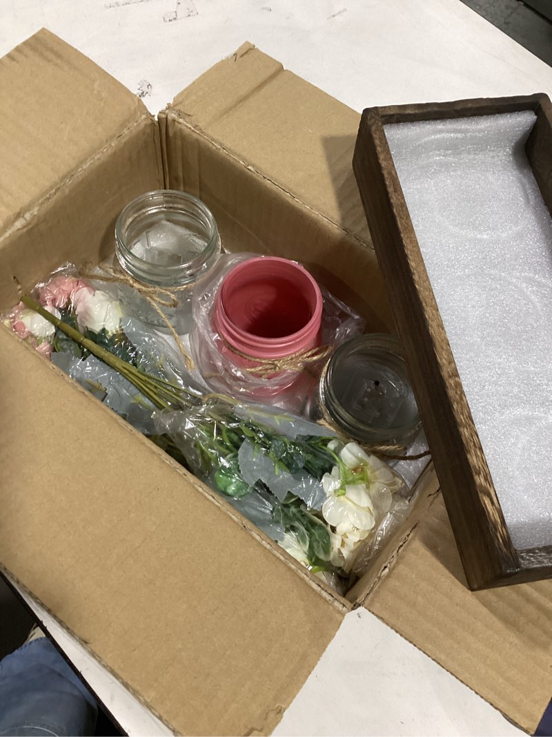 Condition photo showing Good Condition for BLEUM CADE Centerpiece Table Decorations - Mason Jar Lights Centerpiece for Kitchen Dining Table Farmhouse Coffee Table Wedding Home Decor with 3 Jars Roses Artificial Flowers & Wood Tray Pink-rose