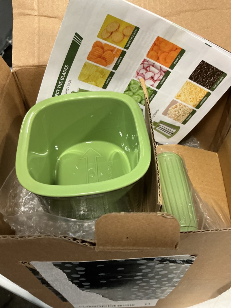 Condition photo showing Good Condition for susteas rotary cheese grater with handle - vegetable shredder with 5 well-designed blades & strong suction base,round mandoline slicer & food chopper for kitchen,with blade storage box(retro green)