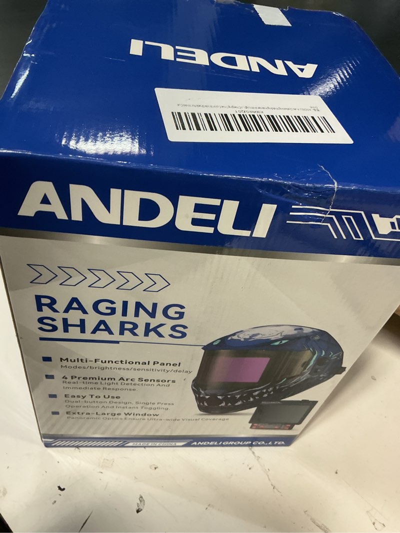 Condition photo showing Good Condition for andeli auto darkening welding helmet with light-internal digital control filter, 7.2"x3.2" extra wide panoramic view, type-c fast charging true color wide shade 4/5-9/9-13 for weld cut grind raging sharks style