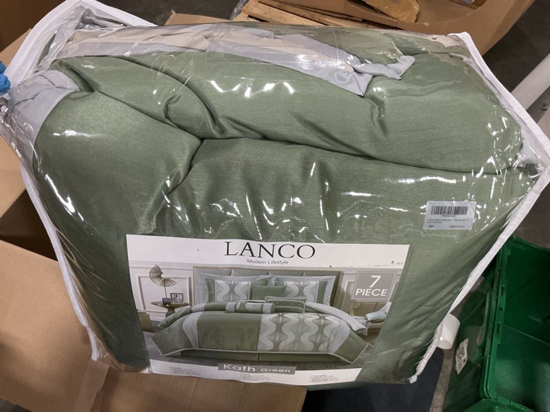 Condition photo showing As Is for lanco modern lifestyle queen comforter set, green, 7 pieces in a bag, ultra soft jacquard with solid piecework, luxury bed set with comforters, bed skirt, pillow shams and decorative pillows