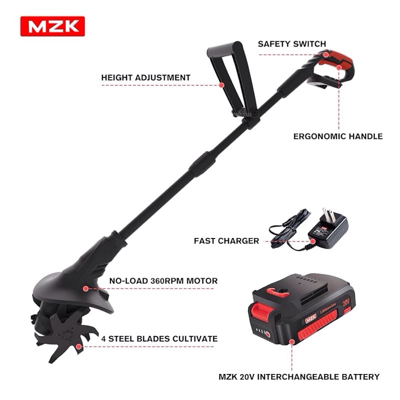 MZK 20V Cordless Tiller Cultivator with Steel Tines,8-inch Wide Battery Powered Garden Cultivator, 360RPM Electric Tiller for Lawn/Gardening/Soil Cultivation(2 * 2AH Battery&Charger Included),TC08D01