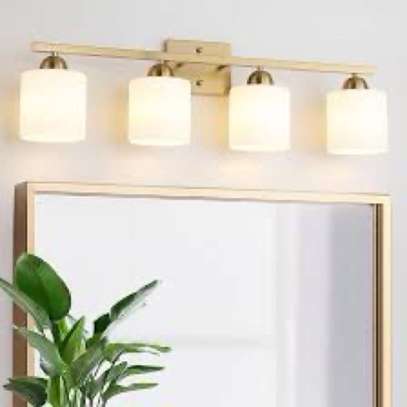 Mecgirn Stainless Steel Milk Glass Vanity Lights for Bathroom, 4 Light Gold Bathroom Light Fixtures 