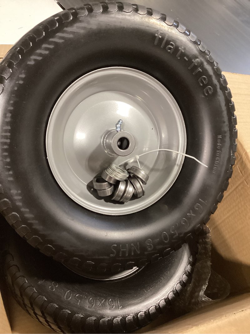 Condition photo showing Good Condition for ar-pro (2-pack) 16x6.50-8 flat-free tire and wheel assemblies, relacement 16x6.5-8 solid turf tire with rim for garden tractor riding lawn mowers, 3" offset hub and 3/4" bushings 16 x 6.50-8" flat-free (offset hub) silver