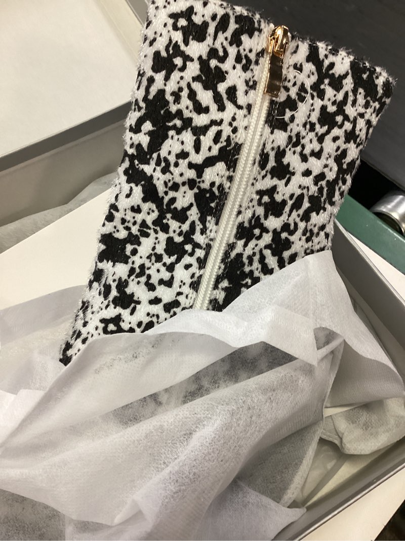 Condition photo showing New/Like New for newbella women's pointed toe chunky heeled ankle boots, faux fur booties with high heels, classy sli