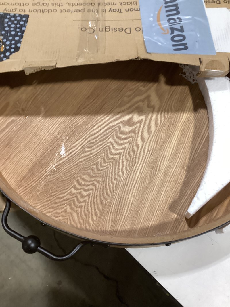 Condition photo showing New/Like New for Large Round Ottoman Tray - 22'' Farmhouse Wood Serving Tray with Metal Handles - Circle Charcuterie Board for Living Room - Large Serving Trays for Coffee Table - Ottoman Topper Table