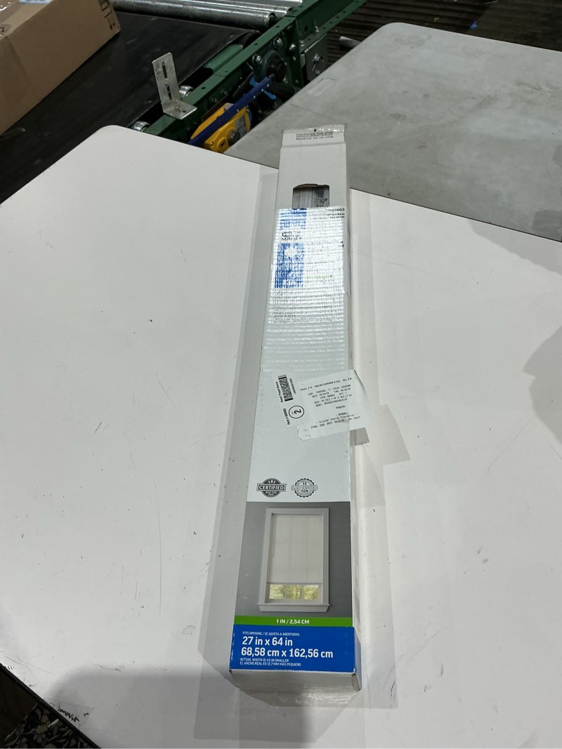 Condition photo showing As Is for (broken))project source 1-in slat width 27-in x 64-in cordless white vinyl light filtering mini-blinds