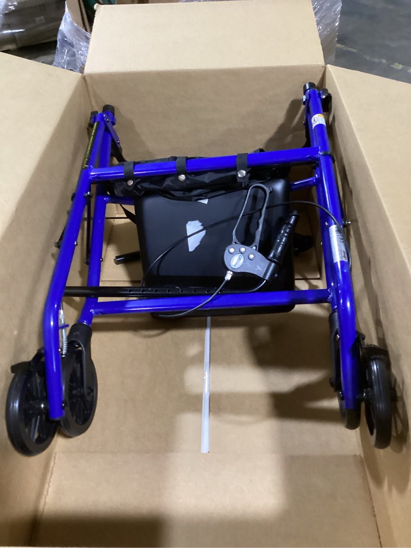 Condition photo showing As Is for Drive Medical Aluminum Rollator Walker - Fold Up - Padded Seat - 6 Inch Wheels - Lightweight Portable Design - Indoor Outdoor Mobility Aid - Blue Blue 1 Count (Pack of 1)