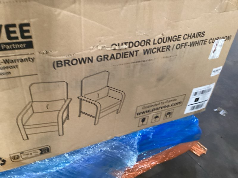 Condition photo showing As Is for 2-piece outdoor patio furniture set, all-weather rattan chairs with thick cushions, high back wicker