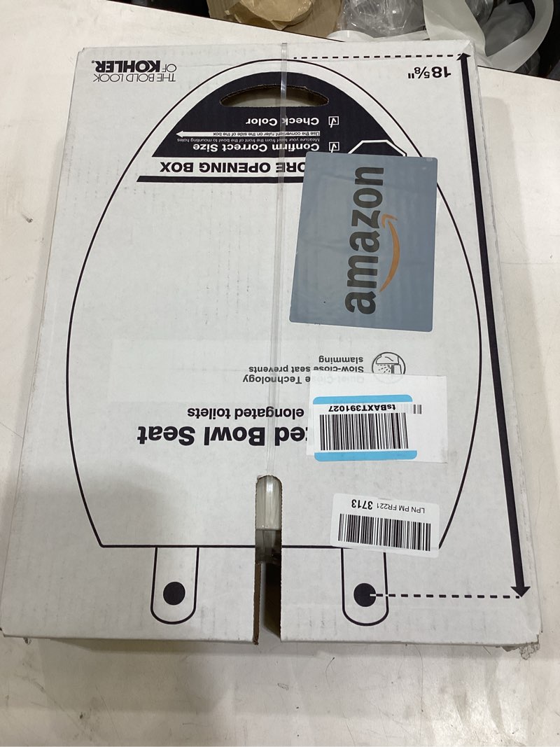 Condition photo showing New/Like New for kohler 20110-96 brevia, slow close toilet seat, elongated toilet seat, grip-tight bumpers quick-attach hardware, biscuit biscuit elongated quiet-close