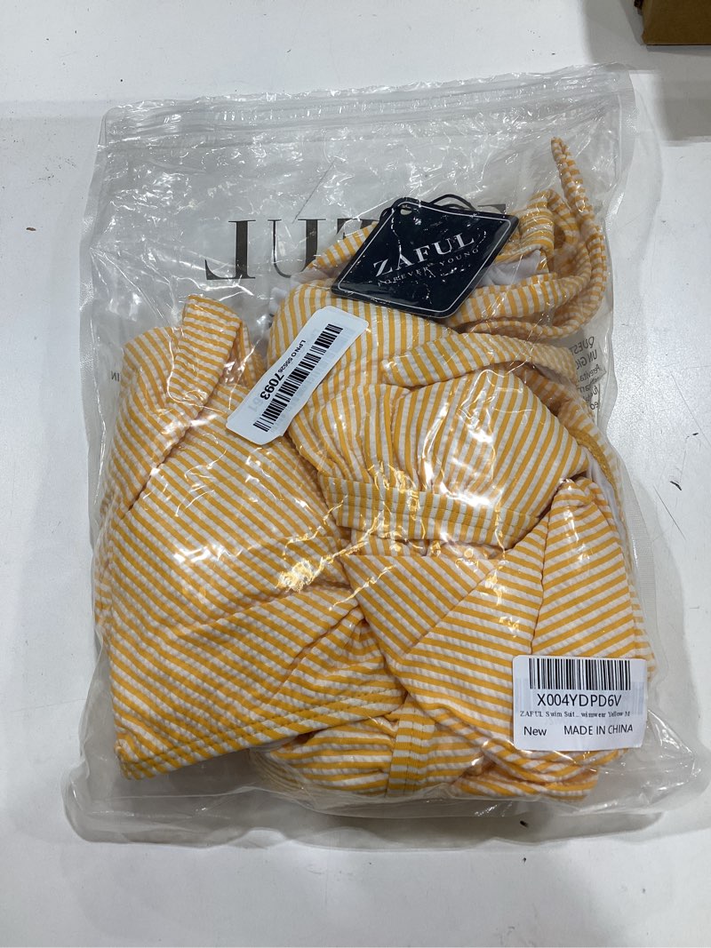 Condition photo showing New/Like New for zaful womens tankini swimsuits smocked 2 piece bathing suits modest tie back swimwear yellow striped medium