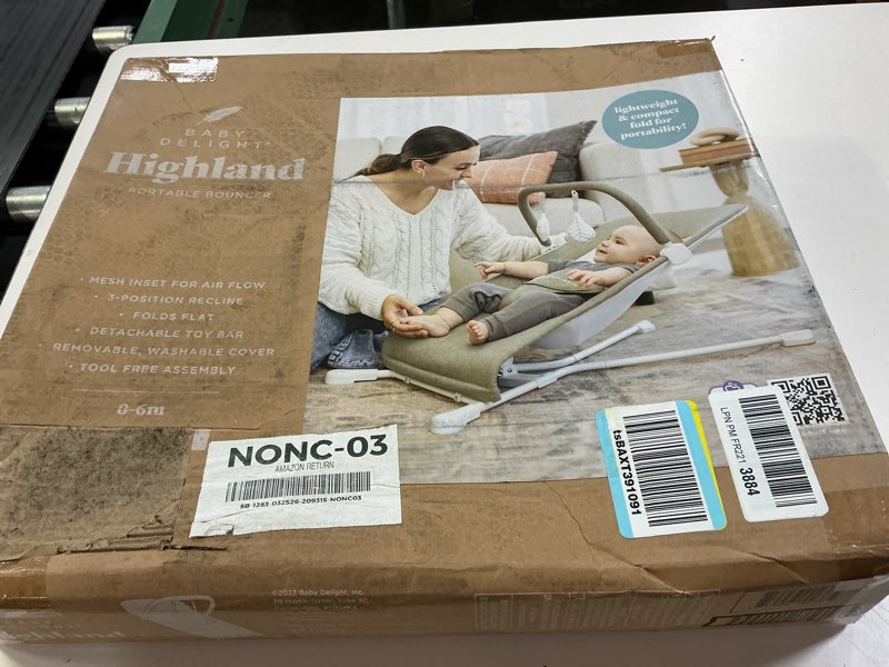 Condition photo showing New/Like New for baby delight highland baby bouncer | infant | 0 – 6 months | 3-position recline | sage tweed