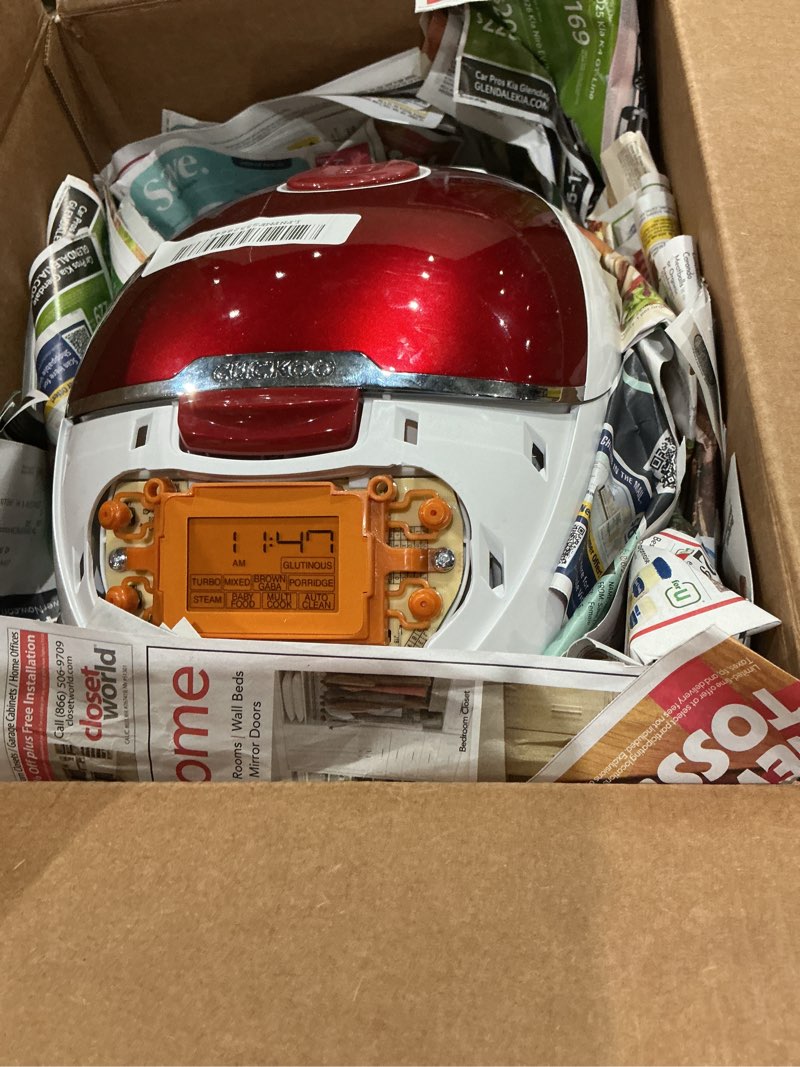 Condition photo showing As Is for cuckoo micom rice cooker 6 cup uncooked / 12 cup cooked, fuzzy logic rice maker with delay timer & keep warm setting, versatile food steamer for cooking, non-stick inner pot, red (cr-0655f)